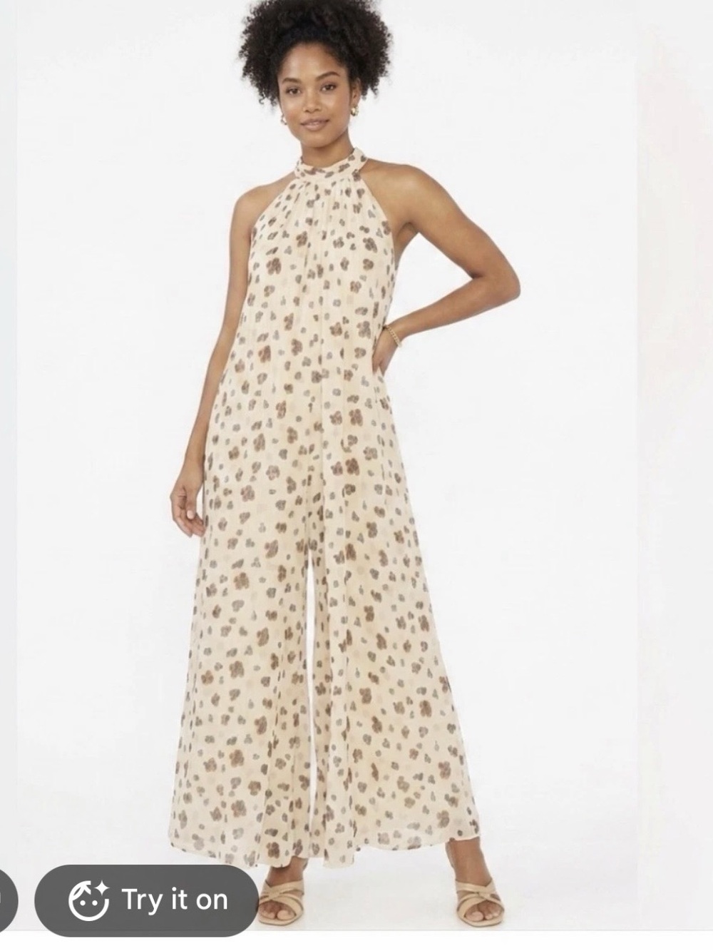 Sleeveless Cream Jumpsuit Dress with Brown Leopard Print, NWOT, M